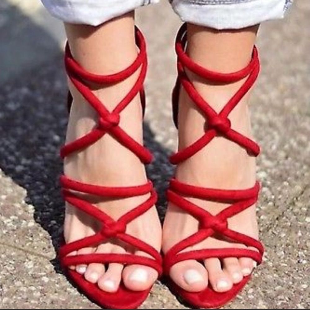 Red stappy suede heels